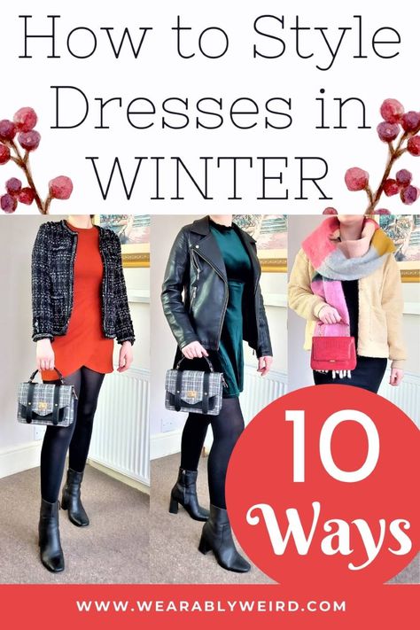 10 Ways to Style Dresses in Winter - Wearably Weird Turn Summer Dress Into Winter, Wear Dress In Winter, Styling A Dress For Winter, Style Dress In Winter, Winterize Summer Dress, How To Style A Summer Dress For Winter, Short Dresses In Winter, Short Dress In Winter, Sundress In Winter