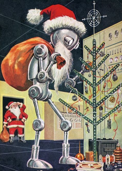 It’s a sci-fi holiday in these Ed Emshwiller cover illustrations for Christmas issues of Galaxy magazine, 1951 to 1960. Please note that Santa Claus appears in each one, always with four arms. Robot Santa, Christmas Robot, Science Fiction Magazines, Christmas Mix, Christmas Cover, Vintage Christmas Images, Old Fashioned Christmas, A Robot, Science Fiction Art