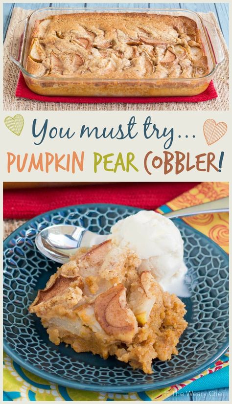 All the best of pumpkin pie and pear cobbler baked into one tasty dessert! Pear Cobbler Recipe, Pear Cobbler, Pumpkin Cobbler, Pumpkin Crisp, Pear Dessert, Pumpkin Spice Recipe, Tasty Dessert, Fruit Cobbler, Cobbler Recipe