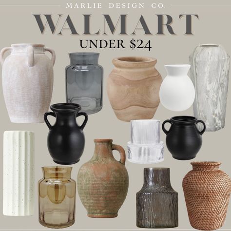 Walmart Home Decor | affordable vases | home decor | shelf styling decor | distressed vase | jug vase | vase with handles | aged vase | wood vase | wicker vase | glass vase | marble vase | cylinder vase Rustic Vases Decor, Black Vase Decor, Aged Vase, Vases Decor Living Room, Distressed Vase, Wicker Vase, Walmart Home Decor, Vase With Handles, Console Table Styling