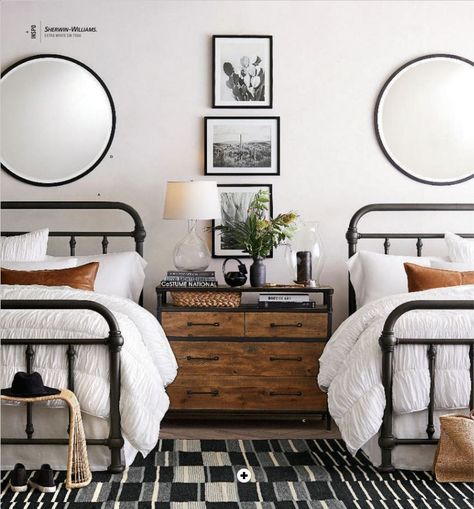 Pottery Barn Bed and Bath Summer 2019 Catalog. Black and White Inspiration Reclaimed Wood Dresser, Twin Beds Guest Room, Country Bedrooms, Industrial Bedroom, Twin Beds, Rustic Bedroom, Guest Bedrooms, White Bedroom, Raised Beds