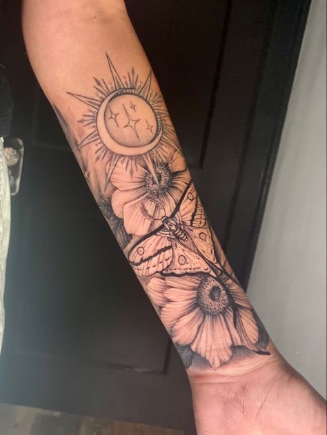 Moth Sleeve Tattoo Design, Sun Flower Sleeve Tattoo, Lunar Moth Sleeve Tattoo, Moth And Sun Tattoo, Sun And Moon Forearm Tattoo Women, Sun Moon Stars Sleeve Tattoo, Moon And Sun Sleeve Tattoo, Sun And Moth Tattoo, Sun And Moon Sleeve Tattoos For Women