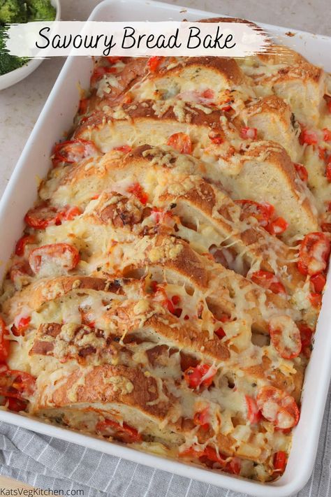 Recipe for a Savoury Bread Bake - a great way to use up leftover bread and vegetables. This easy family meal is perfect comfort food! #katsvegkitchen #leftoverbread #comfortfood #breadbake #leftovervegetables Leftover Bread Recipes, Savoury Bread, Bread Sticks Recipe, Leftover Bread, Savory Bread, Bread Recipes Sweet, Leftovers Recipes, Family Meal, Cooked Vegetables