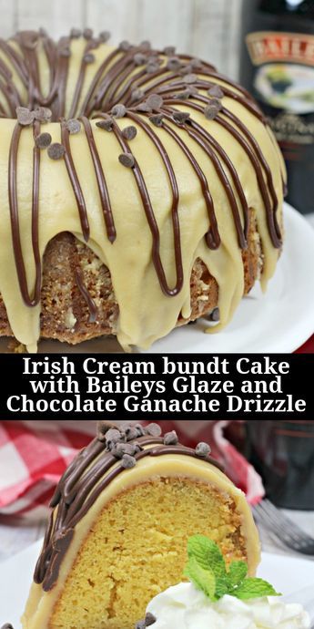 This Irish Cream bundt cake with Baileys glaze and chocolate ganache drizzle takes bundt cake and steps it up a notch. Added flavor of Baileys liqueur infuses each part of this bundt cake making this cake recipe extra special and sure to please. #cake #bundtcake #cakerecipe #irishcream #baileysglaze #irishcreamcake Bailey’s Irish Cream Cake, Baileys Glaze, Irish Cream Bundt Cake, Bundt Cake Chocolate, Irish Dessert, Chocolate Ganache Drizzle, Boozy Cakes, Irish Cream Cake, Ganache Glaze