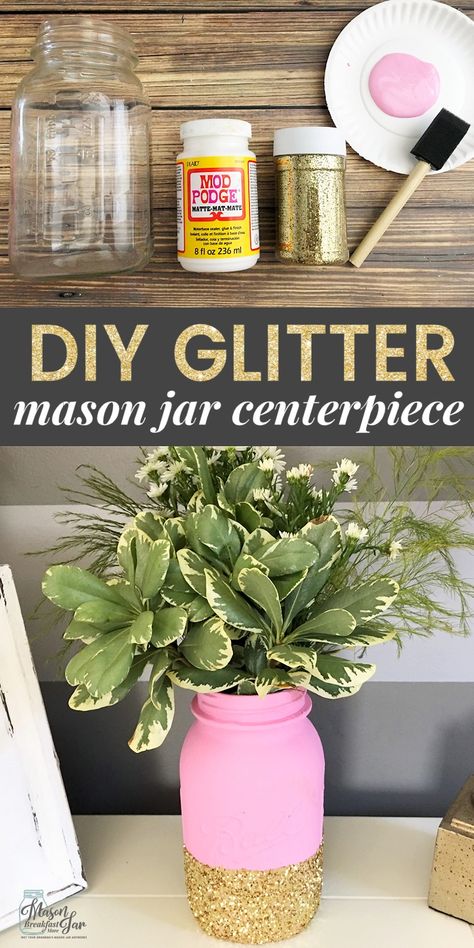 Want a fun and festive DIY Mason jar centerpiece idea? This Glitter Mason Jar Centerpiece is super simple to make, and it is the perfect way to add a little sparkle to any table. It would make a beautiful Mason jar wedding centerpiece or just a large Mason jar flower centerpiece for your dining table. Feel free to customize this homemade centerpiece by choosing your favorite paint and glitter colors. #masonjarcrafts #masonjarcenterpieces #masonjarideas #masonjargifts Mason Jar Gifts Recipes, Homemade Centerpieces, Mason Jar Breakfast, Wedding Centerpieces Mason Jars, Mason Jar Christmas Gifts, Mason Jar Centerpiece, Large Mason Jars, Glitter Mason Jars, Diy Mason Jar