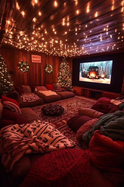 29 Christmas Aesthetic Ideas to Capture the Spirit of the Season 16 Cozy Projector Room Ideas, Christmas Lights Party Decor, Christmas Movie Night Decorations, Basement Sleepover Setup, Cozy Christmas Movie Night Aesthetic, Large Room Christmas Party Decor, Christmas Movie Night Set Up, Christmas Sleepover Decorations, Christmas Movie Marathon Aesthetic