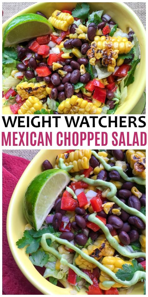 This Weight Watchers Mexican Chopped Salad is delicious, filling and only 1 Freestyle SmartPoint per serving. This WW recipe is easy to make and the grilled corn adds a lot of flavor! #WW #weightwatchers #wwfreestyle via @sweeterbydesign Weight Watchers Mexican, Salad Chopped, Weight Watchers Salad, Weight Watchers Vegetarian, Salsa Ranchera, Mexican Chopped Salad, Weight Watchers Lunches, Weight Watchers Meal Plans, Weight Watchers Recipes Desserts