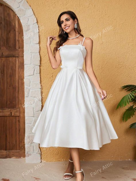 French Style Satin Camisole Wedding Dress With Bow&Beads Detail, Semi Formal DressI discovered amazing products on SHEIN.com, come check them out! Wedding Dress With Bow, Bow Beads, Bow Wedding Dress, Satin Camisole, Chiffon Wedding Dress, Semi Formal Dress, Ever Pretty, Engagement Dresses, Party Dress Short