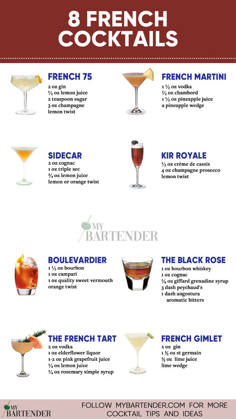 French Cocktails High Class Cocktails, Classic French Cocktails, French Alcoholic Drinks, Classy Cocktail Recipes, French Cocktails Recipes, Mocktail Board, Kir Royale Recipe, Kir Royale Cocktail, French Drinks