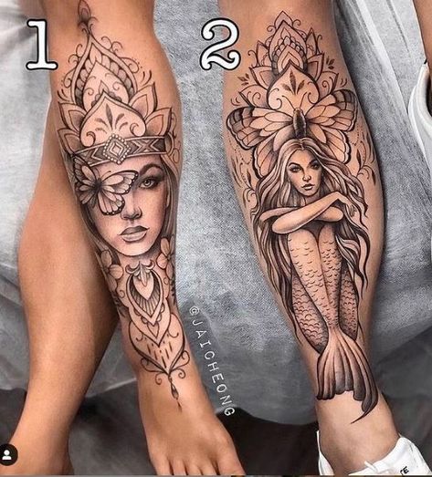 Shin Tattoo, Hip Thigh Tattoos, Hip Tattoos Women, Tattoos For Black Skin, Leg Tattoos Women, Best Tattoos, Leg Sleeve Tattoo, Tatuaje A Color, Mermaid Tattoo