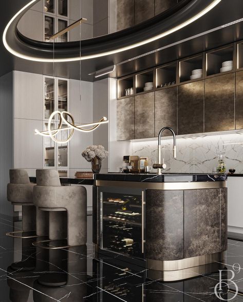 Bar Luxury, Elegant Kitchen Decor, Contemporary Kitchen Decor, Built In Wine Cooler, Luxxu Modern Design Living, Architect Design House, Kitchen Decor Ideas, Gray Marble, Elegant Kitchens