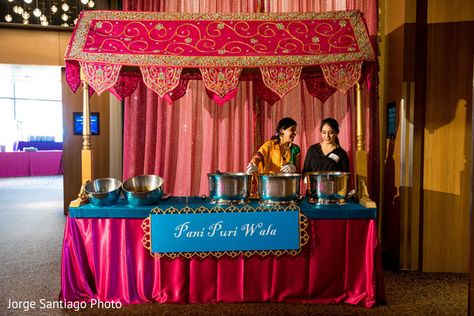 Indian pre-wedding celebrations catering Indian Street Food Cart Wedding, Sangeet Food Stations, Stall Decoration Ideas Fair, Ramadhan Decor, Tea Counter, Catering Decor, Roka Ceremony, Stall Decorations, Sangeet Decor