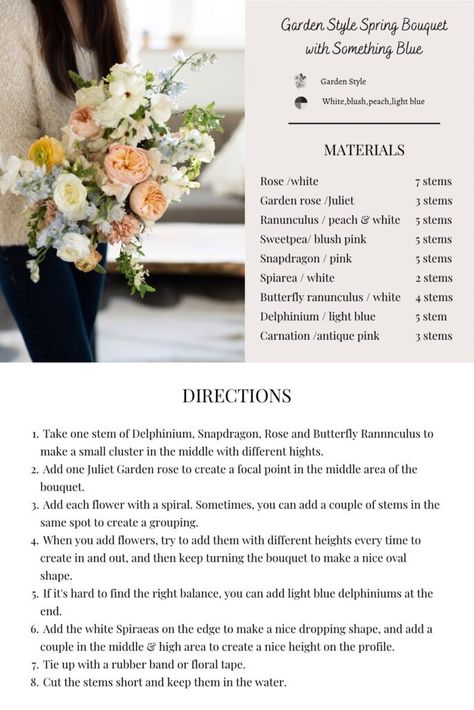 Bouquet Recipe - Garden-style Spring Hand-tied Wedding Bouquet Wedding Bouquets How To Make, Bouquet Recipe Wedding, Homemade Bouquet Wedding, Cut Flower Bouquet Recipe, Wedding Florals Diy, Early Spring Bouquet, How To Build A Bouquet, Diy Wedding Floral Arrangements, Bouquet Sizes Chart