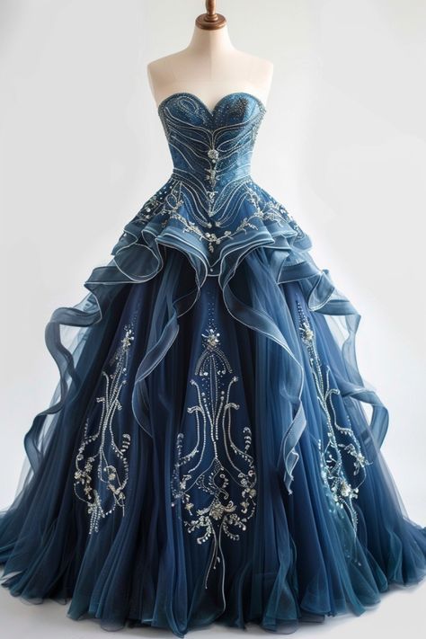 Mascarade Ball Outfit, Dark Blue Ball Gown, Mascarade Ball, Pretty Gowns, Blue Princess Dress, Ball Outfit, Vestidos Anime, Debut Ideas, Hippie Chic Fashion