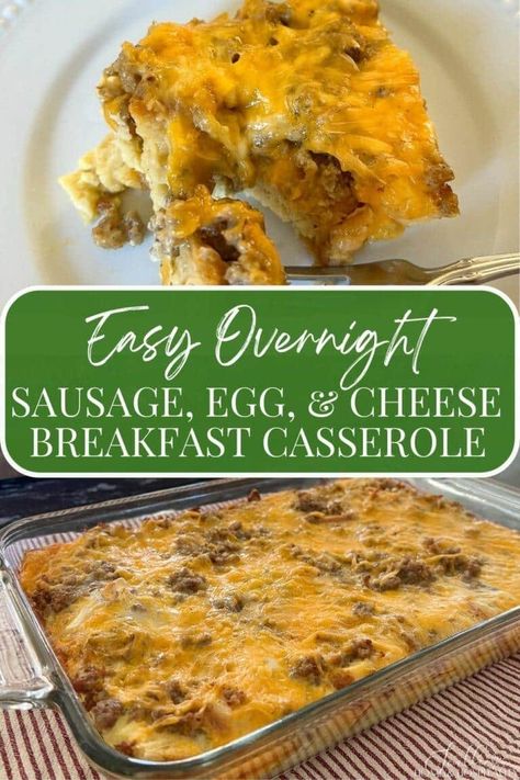 The perfect easy breakfast casserole recipe for Christmas morning, or anytime you want to feed a crowd. Fluffy eggs paired with cheddar cheese and savory sausage all on a bread crust. Throw it together the night before and pop it in the oven the next morning! Egg Sausage Bake Casserole, Easy Night Before Breakfast Casserole, Make Night Before Breakfast Casserole, Breakfast Casserole Prepare Ahead, Make Ahead Sausage Breakfast Casserole, Easy Egg Sausage Casserole, Breakfast Casserole Large Group, Chicken Sausage Breakfast Casserole, Breakfast Real Fast Casserole