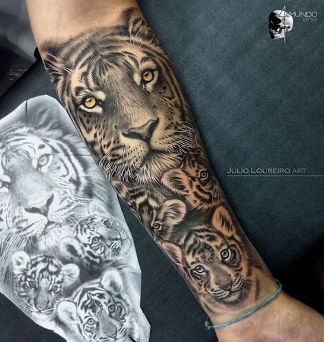 Tiger And Two Cubs Tattoo, Tiger And Cubs Tattoo, Lion Shoulder Tattoo, Photographer Tattoo, Tiger Tattoo Sleeve, Tiger Tattoos, Cubs Tattoo, Animal Sleeve Tattoo, Lioness Tattoo