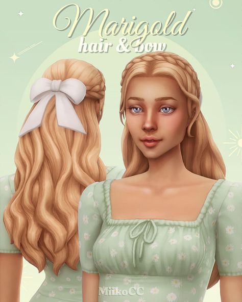 Marigold Hair, Graphic Design Assets, Sims 4 Characters, Sims Four, Bow Hairstyle, Sims Hair, Making Hair Bows, Sims 4 Cc Finds, Long Hair Women