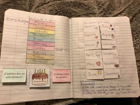 Interactive Spanish 1 Notebook  Days of the week Months of the year Questions about dates I use this for my Spanish 1 students who are in 10th grade. Spanish Numbers, Spanish Immersion, Spanish 1, 10th Grade, Months Of The Year, Interactive Notebook, Classroom Design, Days Of The Week, Teaching Spanish