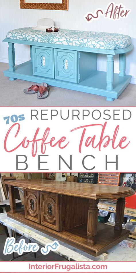 How to turn a chunky 70s coffee table into a beautiful teal blue upholstered bench with handy storage, perfect for an entry bench, ottoman, or end of a bed. An easy budget-friendly DIY furniture project by Interior Frugalista #upholsteredcoffeetable #coffeetablebench #furnitureprojects #furnituremakeover #vintagecoffeetable 70s Coffee Table, Repurposed Coffee Table, Easy Furniture Makeover, Coffee Table Bench, Table Bench, Diy Furniture Renovation, Furniture Rehab, Table Diy, Furniture Renovation