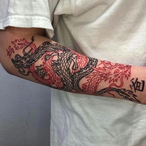 Dragon Tattoo Forearm, Tato Irezumi, Black Dragon Tattoo, Dragon Tattoo Arm, Red Dragon Tattoo, Around Arm Tattoo, Dragon Tattoos For Men, Dragon Sleeve Tattoos, Forarm Tattoos