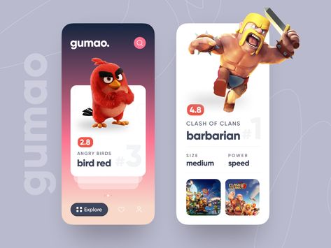 gumao - game character collector by vijay verma for Orizon: UI/UX Design Agency on Dribbble Card Ui, News Website Design, App Interface Design, Game Interface, Game Ui Design, 카드 디자인, Website Design Layout, App Interface, Application Design