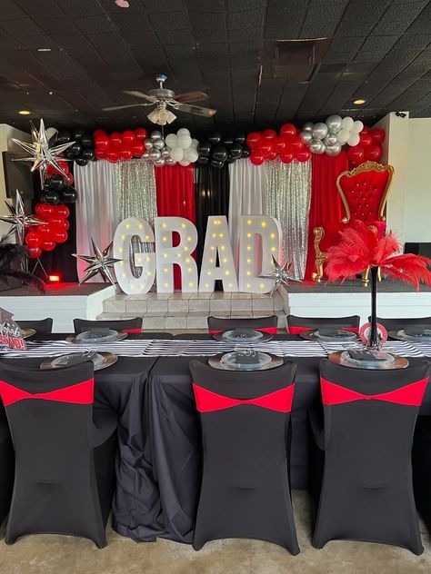 Red And Black Grad Party Ideas, Rutgers Graduation Party, Graduation Party Red And White, Red Black White Silver Party Decorations, Red Black And Silver Party Decoration Centerpiece Ideas, Red White Graduation Party, Red White And Black Party Decorations, Graduation Party Red And Black, Red And Silver Graduation Party Ideas