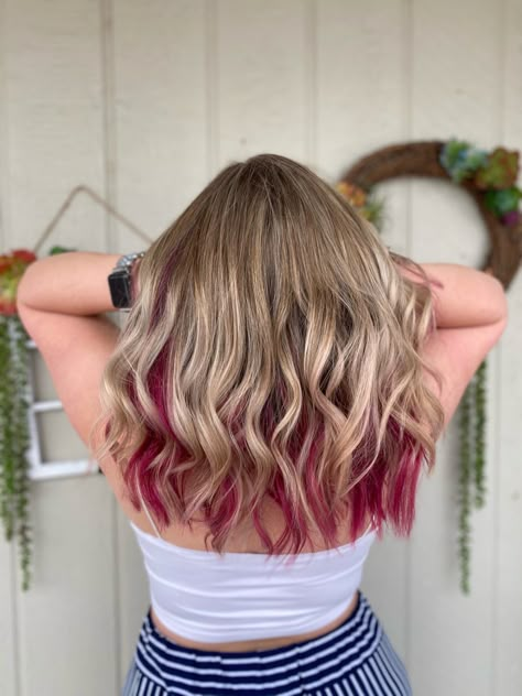 Ash Blonde Hair With Fun Color, Hair Tip Color Ideas, Blonde Hair With Maroon Underneath, Pink Undercolor Hair, Colorful Hair Underneath Blonde, Blonde Hair Underneath Color, Blond With Color Underneath, Blonde Highlights With Pink Underneath, Color Underneath Blonde Hair