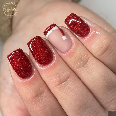 Basic Sparkly Nails, Sparkly Nails Short Square, New Christmas Nails, Christmas Nails Basic Short, Christmas Nails Square Short Simple, Simple Dark Christmas Nails, Nail Designs Very Short Nails, Red Nail Designs For Christmas, Red Xmas Nails Simple