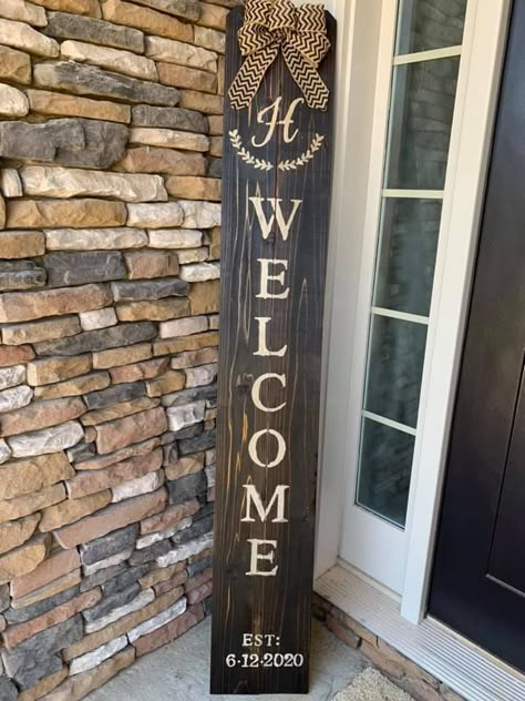 Front Door Plant Stand, Country Welcome Signs Front Porches, Welcome Sign Vertical, Diy Porch Welcome Signs Ideas, Board Signs Ideas Front Doors, Double Sided Welcome Porch Sign, Front Porch Wooden Signs, Rustic Porch Signs, Long Porch Signs