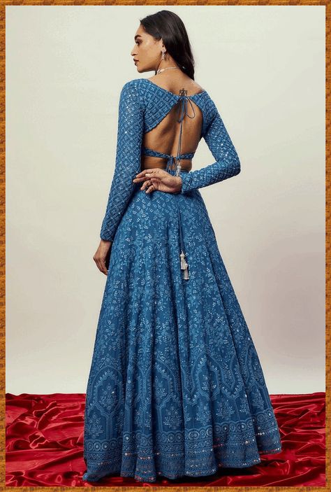 [Ad] Alia Cobalt Blue Threadwork Lehenga Set. The Floral Lehenga Is Intricately Embellished With Thread And Sequins All Over. It Is Teamed With A Matching, Full Sleeved Choli . A Net Dupatta With Zari And Sequin Border And Buttis Complete The Look. Cancan And Pockets Are Included. Stitched Blouse With Deep V Neck Type. Lehenga Comes With Can Can And Blouse With Padding. Composition / Material: Viscose Georgette Lehenga And Blouse With Soft Net Dupatta In #backlessblousedesignssleevelesslatest Full Sleeves Blouse Designs, Choli Blouse Design, Full Sleeves Design, Simple Lehenga, Full Sleeve Blouse, Floral Lehenga, Backless Blouse Designs, Lehenga Designs Simple, Latest Model Blouse Designs