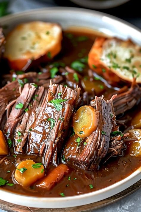 Slow cooker pot roast with vegetables in gravy Pot Roast And Gravy Slow Cooker, Crockpot Pot Roast Recipes Slow Cooker, Pot Roast Without Potatoes, Traditional Pot Roast Slow Cooker, Creamy Pot Roast Slow Cooker, Slow Cooker Pot Roast With Gravy, Pot Roast Crock Pot Recipes With Gravy, Crockpot Pot Roast Slow Cooker, Best Pot Roast Crock Pot Recipes