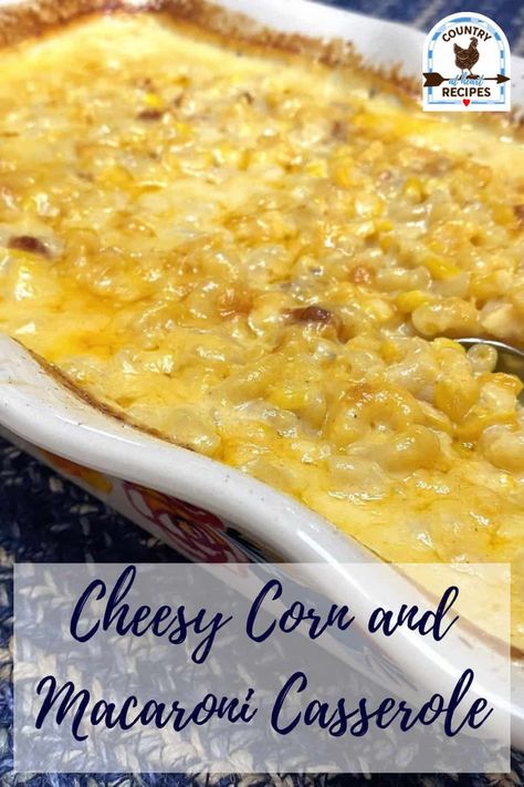 Cheesy Corn and Macaroni Casserole is a favorite recipe from my husband's side of our family. It's quite good for church dinners or family gatherings. #cheesycornandmacaronicasserole #macaroniandcheese #sidedishes #familyrecipes #velvettacheese #creamedcorn #macaroni #barbecue #holidaydinners #countryatheartrecipes https://countryatheartrecipes.com/2016/10/cheesy-corn-and-macaroni-casserole/ Side Dishes Casserole, Corn And Macaroni Casserole, Fish Fry Side Dishes, Recipes With Velveeta Cheese, Cheese Corn Casserole, Cheesy Corn Casserole, Recipes Side Dishes, Macaroni Casserole, Mac And Cheese Casserole