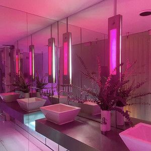 bathroom - montell fish Neon Signs In Bathroom, Pink Public Bathroom, Pink Nightclub Aesthetic, Pink Neon Bathroom, Aesthetic Public Bathroom, Neon Lights Bathroom, Neon Light Bathroom, Pink Spa Aesthetic, Pink Bar Aesthetic