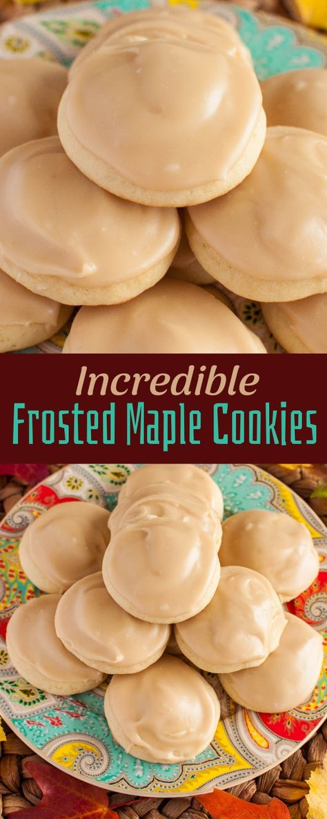 Maple Cookies with Maple Icing are perfectly nostalgic and alltogether delicious! Soft, fluffy cookies with an irresistible cooked maple icing! Perfect for the holidays! Maple Dessert Recipes, Fluffy Cookies, Maple Desserts, Maple Icing, Maple Cookies, I Lost 100 Pounds, Lost 100 Pounds, Baking Sweets, Yummy Sweets