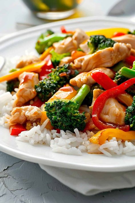 Close-up of a vibrant, easy-to-make chicken stir-fry with fresh broccoli and sliced bell peppers, highlighting the dish's fresh vegetable ingredients and lean protein. Broccoli And Peppers, Easy Healthy Chicken, Dinner Fresh, Lean Chicken, Chicken Stir Fry, Chicken Broccoli, Healthy Chicken, Weeknight Dinner, Stir Fry