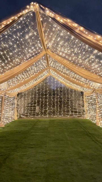 Canopy With Lights Outdoor Party, Tent With Draping And Lights, Outside Party Lights, Lights Party Decorations, Outdoor Tent With Lights, String Lights Tent, Backyard Tent Birthday Party, Twinkle Lights Birthday Party, Tent With Lights Wedding