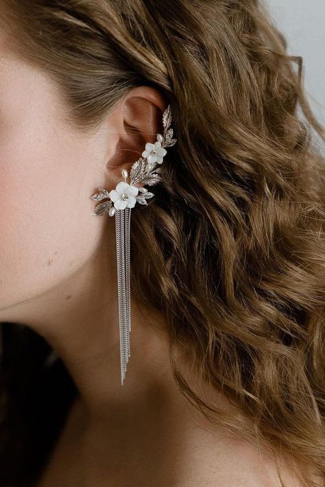 Bridal Earrings Silver, Silver Bridal Earrings, Pearl Flowers, Silver Chain Earrings, Ear Climber, Cartilage Earring, Wedding Hair Pins, Fancy Jewellery, Bridal Hair Pins