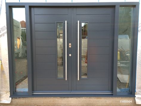 contemporary double doors grey with fingerprint reader Front Doors Uk, Double Front Entry Doors, Double Door Entryway, Modern Exterior Doors, Contemporary Front Doors, Contemporary Doors, Double Front Doors, Double Door Design, Modern Front Door