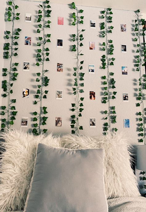 #roomdecor #room #vines #polaroid #vsco #aesthetic Polaroid Wall With Vines, Picture Wall With Vines, Where To Put Vines In Your Room, Leaves Aesthetic Room, Fake Leaves Wall Decor Bedroom Aesthetic, Display Room Ideas, Room Vines, Bedroom Vines, Aesthetic Vines