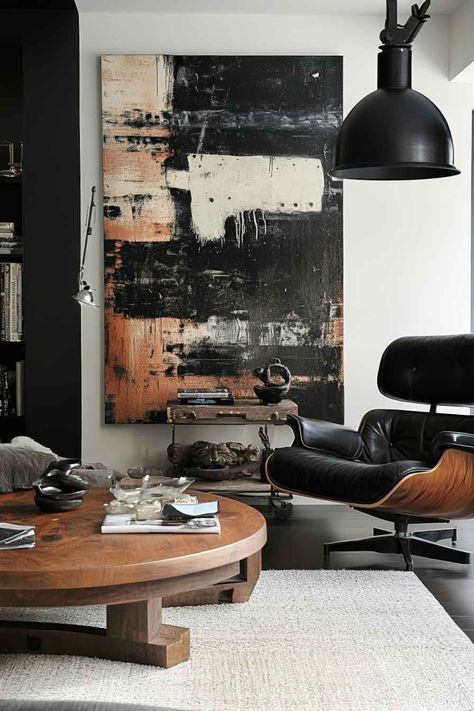 Unique industrial artworks serving as statement decor elements. Modern Industrial Home Decor, Minimal Industrial Interior, Soft Industrial Decor, Industrial Modern Living Room, Urban Industrial Living Room, Industrial Interior Design Living Room, Industrial Chic Home, Industrial Living Room Ideas, Loft Aesthetic