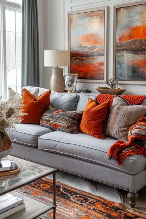 Light Grey And Orange Living Room, Burnt Orange And Grey Living Room, Grey And Burnt Orange Living Room, Orange And Grey Living Room Decor, Thrift Business, Grey And Orange Living Room, Grey Couch Living Room Ideas, Burnt Orange Living Room, Couch Living Room Ideas