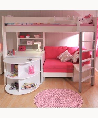 All-in-one loft bed - this is EXACTLY what i'd love for my daughter - wish i could figure out where it came from. Bed With Desk Underneath, Bilik Permainan, Bunk Bed With Desk, Cool Kids Rooms, Bed Desk, Big Girl Rooms, Bedroom Loft, Awesome Bedrooms