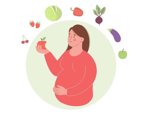 Eating Healthy While Pregnant, Eat Healthy While Pregnant, Pregnant Woman Cartoon, Pregnant Woman Food Health, Pregnant Women Illustration Art, Food Concept, Red Apple, Pregnant Women, Graphic Resources