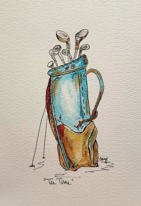 A little golf art. ⛳️ Golf Drawing, Golf Club Art, Golf Art, Painting Inspo, Golf Carts, Golf Clubs, Vines, Golf, Drawings