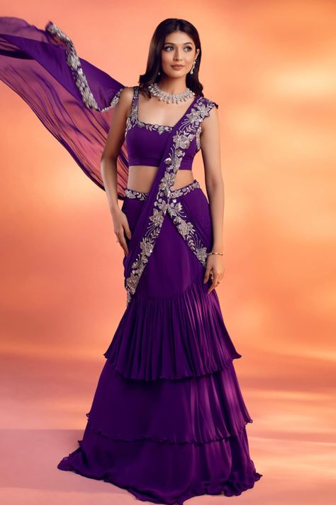 Buy Purple Luxury Heavy Georgette Plain Sweetheart Neck Melete Pleated Details Gown For Women by Zosia Online at Aza Fashions. Drape Lehenga, Sari Lehenga, Lehenga Designs Simple, Gaun Fashion, Saree Designs Party Wear, Indian Dresses Traditional, Traditional Indian Outfits, Indian Bridal Outfits, Lehenga Saree