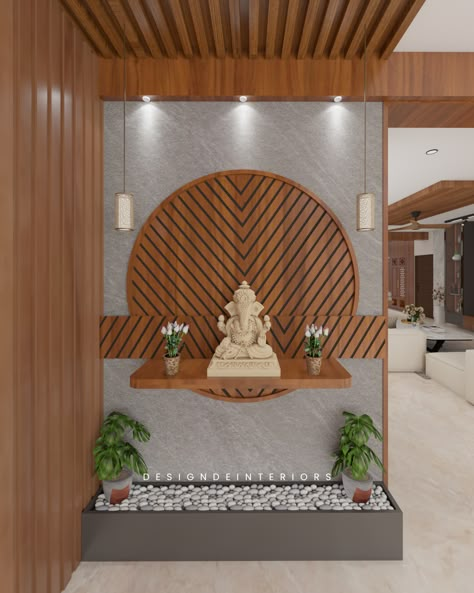 Ganesh Mandir Design, Interior Statue Decor, Wall Buddha Decor, Foyer Designs For Apartments, Foyer Design With Ganesha, Elegant Foyer Design, Hall Wall Interior Design, Foyer Area Wall Design, Ganesh Idol At Home Entrance