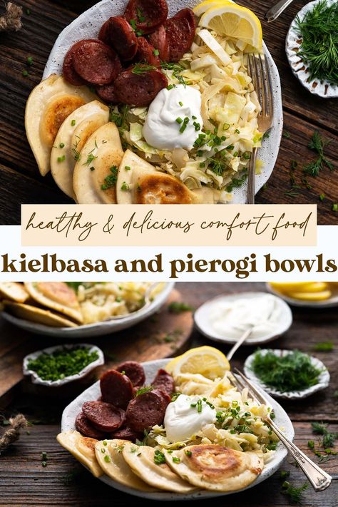 Perogies Cabbage And Sausage, Cabbage Perogies Recipe, Brats And Pierogies, Pierogis And Kielbasa, Pierogi Meal Ideas, What To Serve With Perogies, Kielbasa And Perogies Recipes, Pierogi Meals, Perogies And Kielbasa