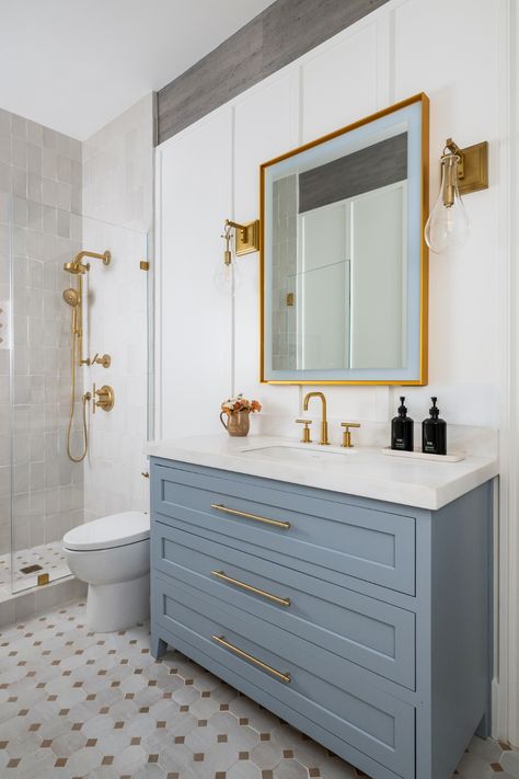 Huntington Beach: Luxury Bathroom Remodels Bathroom With Light Blue Vanity, Light Blue Vanity Bathroom, Light Blue Vanity, Shaker Bathroom Cabinets, Boy Bathroom, Blue Bathroom Vanity, Bath Showroom, What Is Design, Kitchen And Bath Showroom