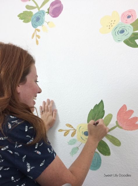 Easy Floral Painted Faux Wallpaper Tutorial via sweetlillydoodles.etsy.com Hand Painted Floral Mural, Painting Flowers On Walls Diy, How To Paint Flowers On Wall, Painting Flowers On Wall, Paint Flowers On Wall, Wall Painting Flowers, Diy Wall Painting, Toddler Girl Room, Floral Nursery