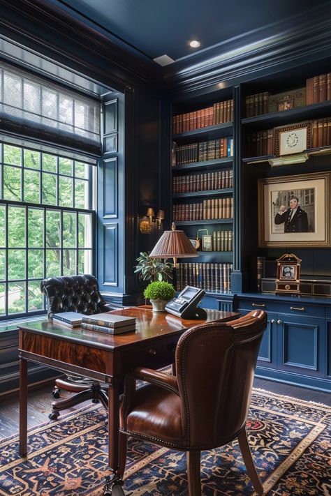 Stylish Home Office Ideas Law Library Office, Traditional Law Office Design, Dark Blue Office Aesthetic, Man's Office Ideas, Gentleman’s Study, English Office Design, Men’s Small Office, Coach Office Ideas, Dark Blue Study